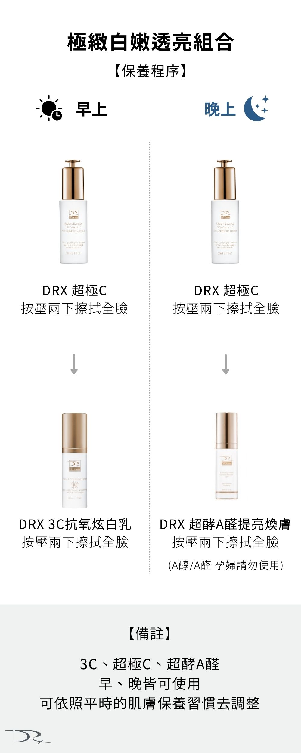 要挑選美白產品就到DRX達特仕，DRX達特仕的DRX極緻白嫩透亮組合，改善肌膚暗沈、蠟黃，讓你達到健康美白透亮的肌膚，DRX全新的美白組合，讓你擁有人見人愛的亮白膚質！