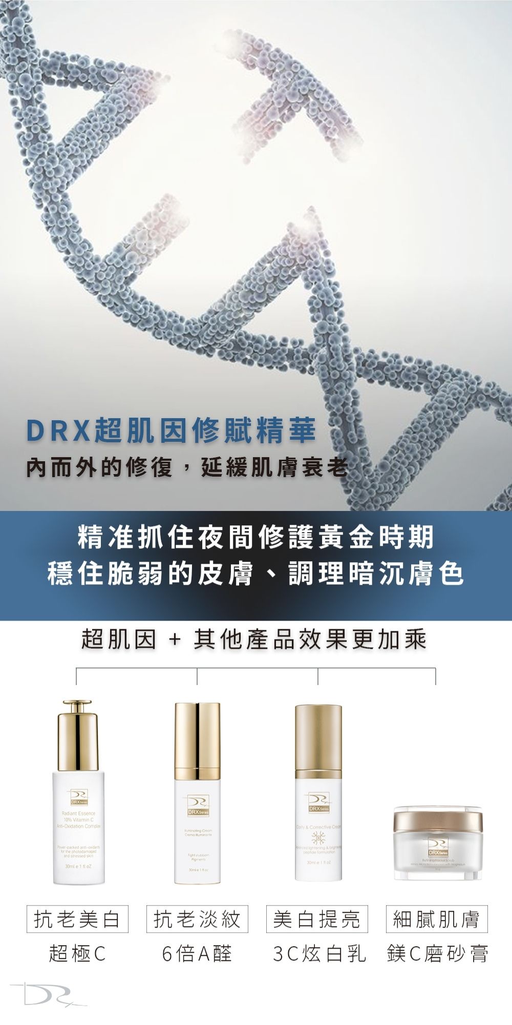 DRX達特仕的肌膚暗沉保養品系列-超能炫白組，從每天的洗臉升級、磨砂去角質、美白提亮到抗老修護，讓你不用多花一毛錢就能獲得一款終生值得投資的抗老經典。如果你需要肌膚暗沉系列保養品，就到DRX達特仕！