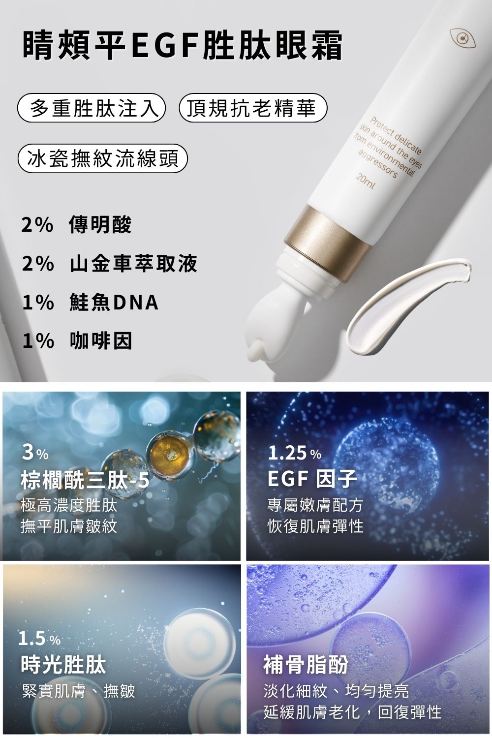 正值養膚或煥膚期間難以照顧膚況變化，修護4冠套組不可或缺的精華成分〈退紅肌膚修護因子〉搭配〈EGF撫紋多胜肽因子〉胜肽系統與β-葡聚醣能舒緩因肌膚乾燥引起的泛紅及深度保濕，再加入淡化細紋和均勻提亮膚色的〈超肌因〉與〈胜肽眼霜〉維持平衡肌況與恢復健康光澤。