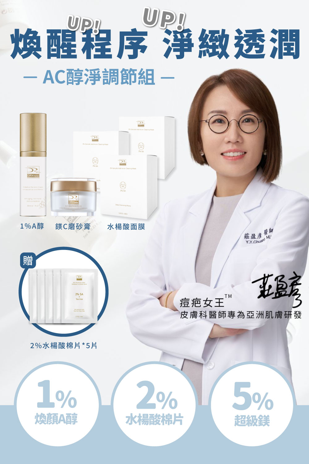 痘疤女王莊醫師打造A+C 醇淨步驟的保養程序，養膚前使用〈鎂Ｃ磨砂膏〉徹底清潔肌膚與〈2%水楊酸面膜〉呵護調理，再搭配淡化細紋和均勻提亮膚色的〈1%煥顏A醇〉完成煥膚保養工序，持續使用21天輕鬆找回美肌光韻。