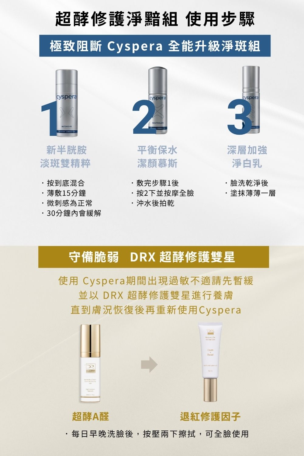 DRX達特仕的莊醫師嚴選活動專區系列-超酵修護淨黯組，Cyspera希思珮樂全能淡斑組，養膚過渡期間難以照顧膚況變化，透過退紅肌膚修護因子平衡肌況，溫和超酵A醛維持美白提亮，退黯重建的呵護方案都在這個組合裡！