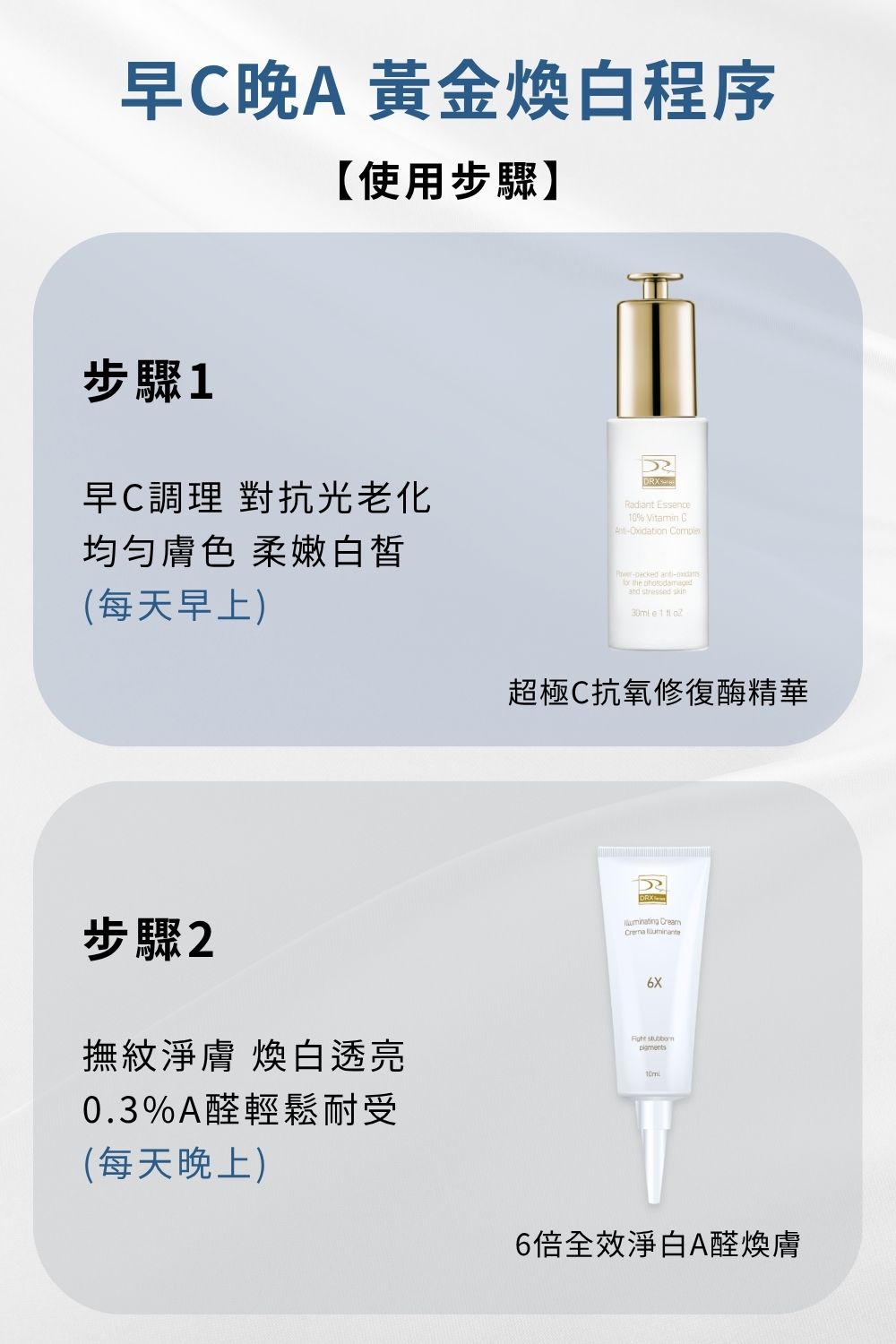 〈62C極透煥白組〉高濃度10%維生素C滲透美白加上0.3%A醛中階煥膚，雙星養膚讓肌膚重啟障壁極致提亮。周末限量加碼優惠買2送1，價值1060元〈6倍全效淨白A醛煥膚隨身瓶〉