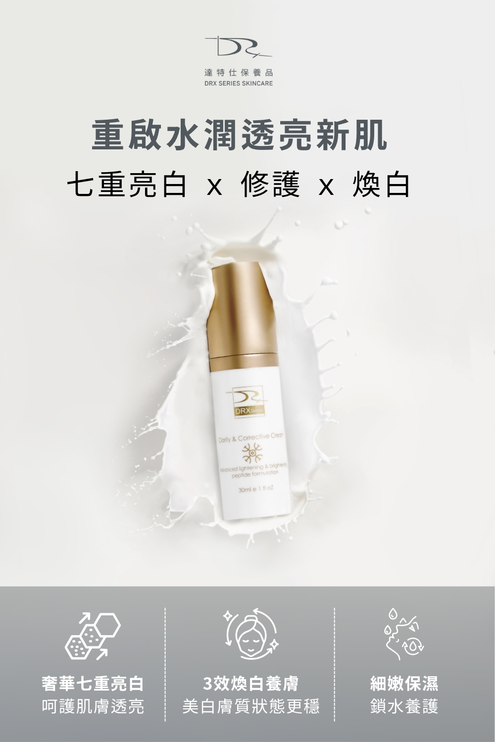 DRX達特仕的乳酸菌(益生菌)保養品系列-DRX 3C抗氧炫白乳，3C配方升級版，運用獨特七重亮白呵護，融合菸鹼醯胺(維他命B3)、傳明酸、醯本胺、維他命C醣甘、脂溶性維他命C衍生物、美白胜肽、甘草與沒黑素，全方位結合亮白、保濕與修護三大功效！