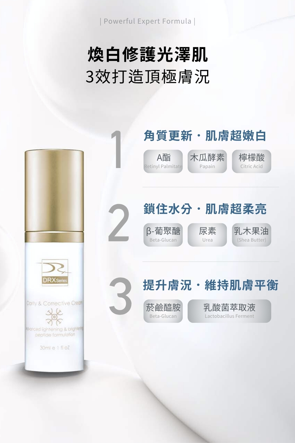 DRX達特仕的乳酸菌(益生菌)保養品系列-DRX 3C抗氧炫白乳，3C配方升級版，運用獨特七重亮白呵護，融合菸鹼醯胺(維他命B3)、傳明酸、醯本胺、維他命C醣甘、脂溶性維他命C衍生物、美白胜肽、甘草與沒黑素，全方位結合亮白、保濕與修護三大功效！