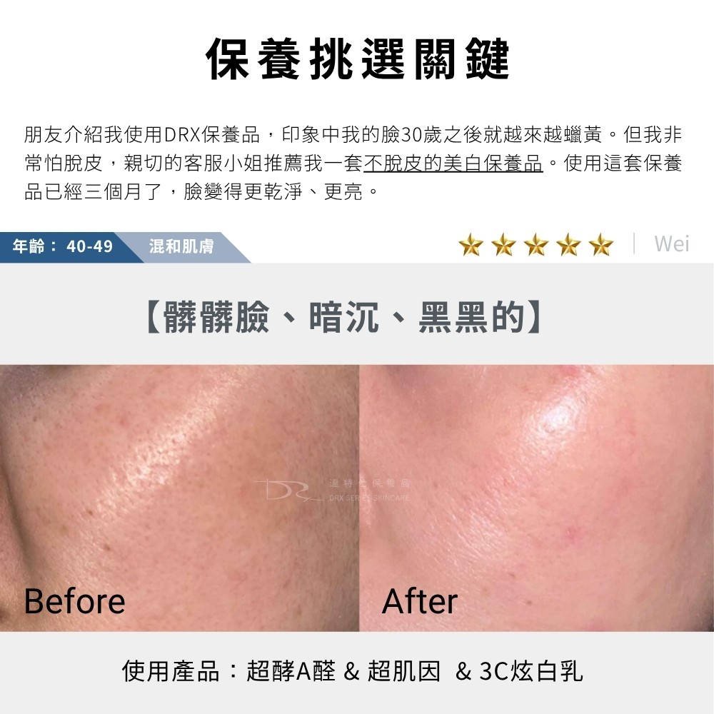 DRX達特仕的乳酸菌(益生菌)保養品系列-DRX 3C抗氧炫白乳，3C配方升級版，運用獨特七重亮白呵護，融合菸鹼醯胺(維他命B3)、傳明酸、醯本胺、維他命C醣甘、脂溶性維他命C衍生物、美白胜肽、甘草與沒黑素，全方位結合亮白、保濕與修護三大功效！