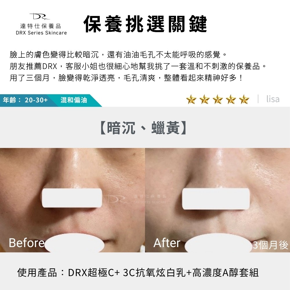 DRX達特仕的乳酸菌(益生菌)保養品系列-DRX 3C抗氧炫白乳，3C配方升級版，運用獨特七重亮白呵護，融合菸鹼醯胺(維他命B3)、傳明酸、醯本胺、維他命C醣甘、脂溶性維他命C衍生物、美白胜肽、甘草與沒黑素，全方位結合亮白、保濕與修護三大功效！