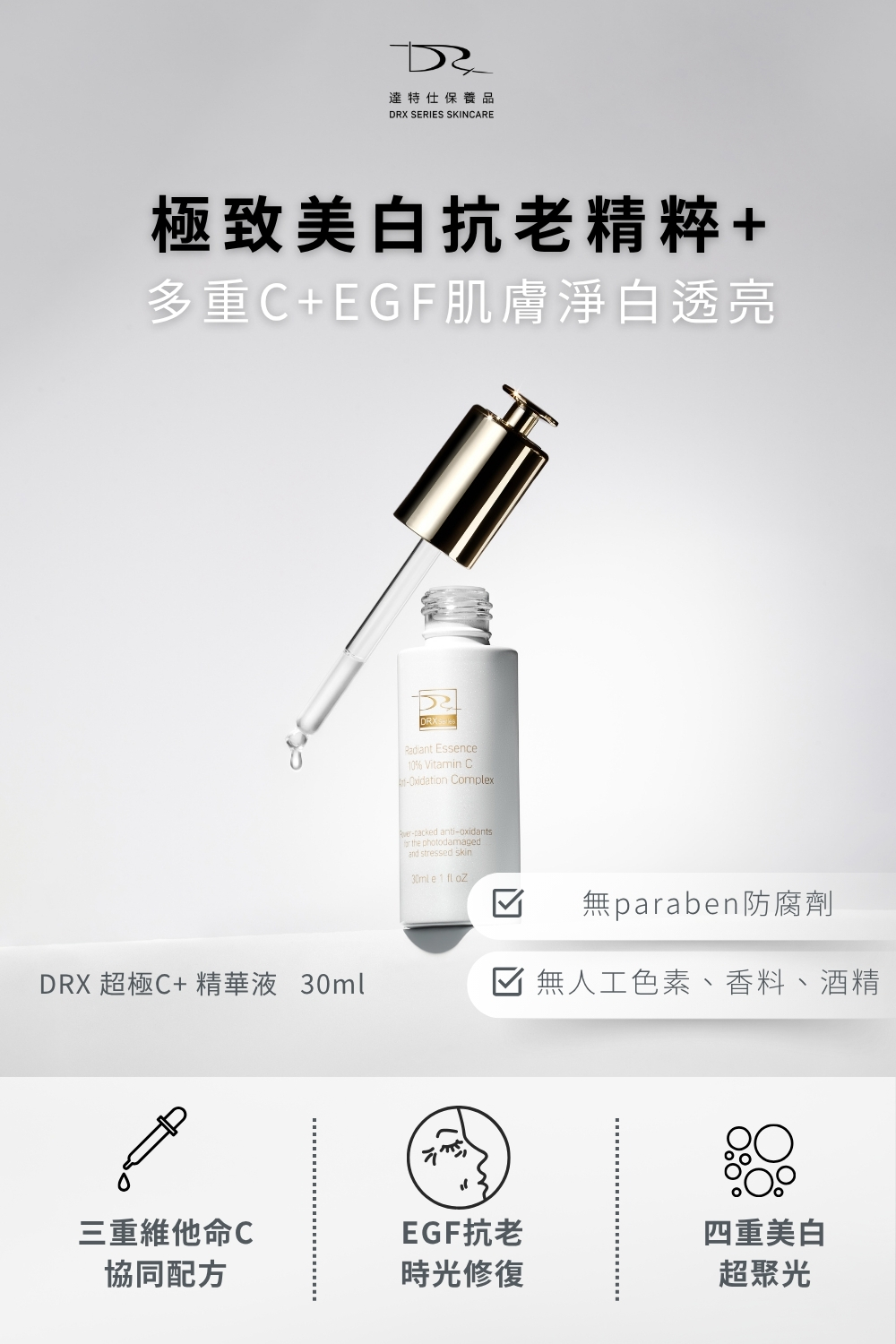 任何肌膚都會有膚況不好的時候，尤其是油性肌膚，保養步驟首重就是清潔！DRX 溫和洗面凝膠搭配水楊酸棉片讓毛孔暢通淨化，再導入A醇/A醛去角質、改善膚質。肌膚若有暗沉問題，日常搭配DRX 超極C+精華，使肌膚維持健康透亮。 █ 洗面凝膠 燕麥氨基酸溫和清潔，更添加明星成分積雪草以及大量滋潤、舒緩肌膚植物甘草與洋甘菊等成分。令人靜心的綠茶提取物賦予尊榮的感官體驗。  █ 2%水楊酸棉片 水楊酸、甘醇酸與杏仁酸再融合明星成分—茶樹精油與菸鹼醯胺，幫助肌膚控油、預防面皰。輕鬆應對多變肌膚狀況！  █ 6倍全效淨白A醛煥膚 高效A醛複合配方！精準改善暗沉、肌膚老化、膚色不均，幫助維持肌膚健康的狀態。  █ 超極C+ 精華 精準富含3X維他命C配方，透過黃金比例的配方演算提升維他命c穩定，四種美白成分與EGF抗老配方結合，賦活肌膚光采。