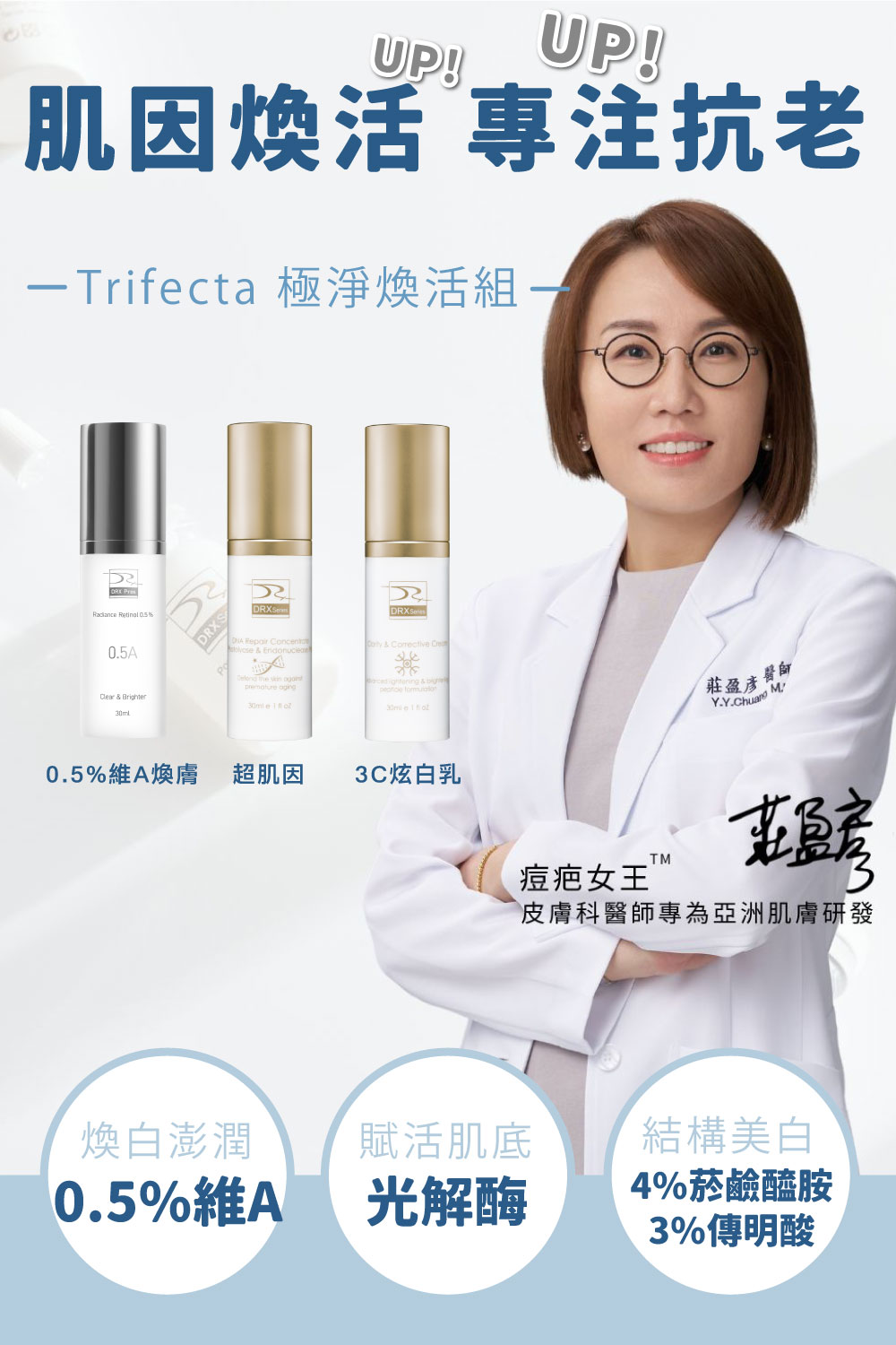 DRX達特仕的莊醫師嚴選活動專區系列-Trifecta 極淨煥活組，讓肌膚極致透亮，精準重返美肌光韻。