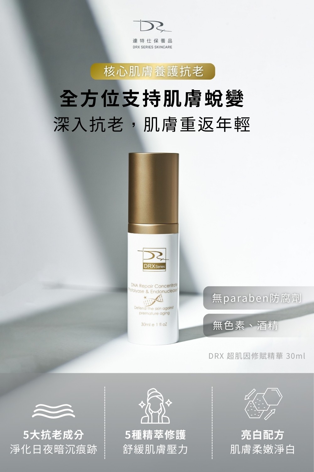 DRX達特仕的抗老化保養品系列含有植物界A醇-補骨脂酚，深度延緩肌膚老化！DRX超肌因修賦精華，多種深度延緩肌膚老化成分，適合25歲以上所有人，為肌膚灌注喚新能量，感受蛻變新肌！