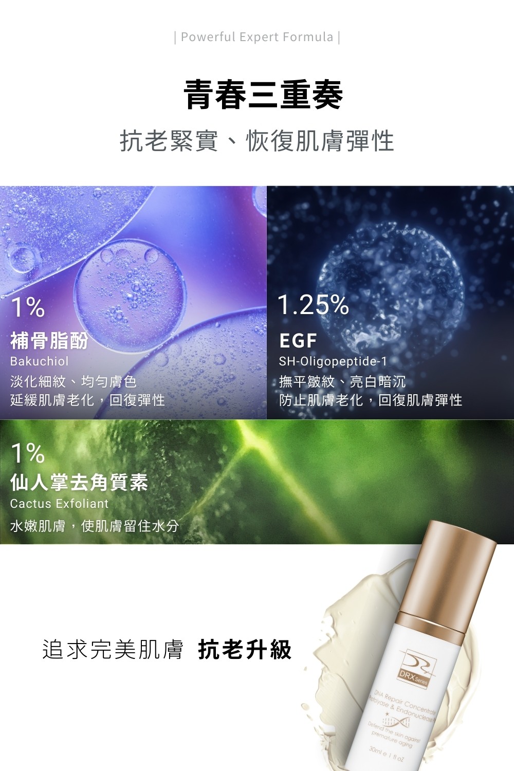 DRX達特仕的抗老化保養品系列含有植物界A醇-補骨脂酚，深度延緩肌膚老化！DRX超肌因修賦精華，多種深度延緩肌膚老化成分，適合25歲以上所有人，為肌膚灌注喚新能量，感受蛻變新肌！
