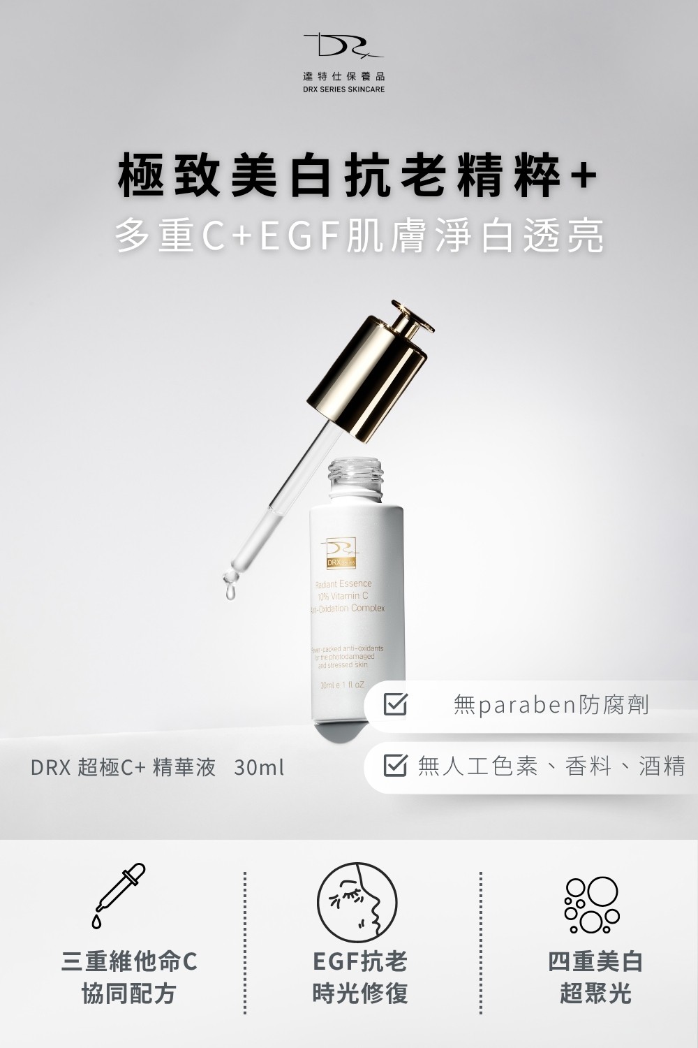 早C晚A保養的完美公式！  早上使用美白雙冠王DRX 3C抗氧炫白乳+DRX超極C+ 精華  晚上使用0.5%維A亮白精華。中等濃度A醇，油性肌膚、一般肌膚容易建立皮膚耐受。