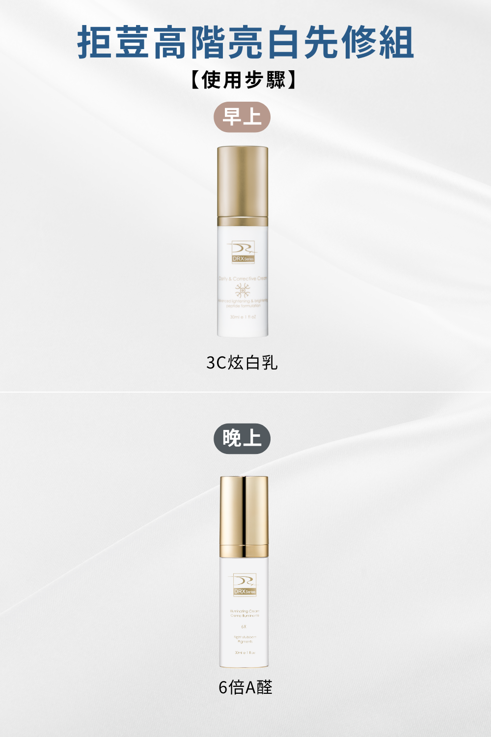 DRX達特仕進階煥膚系列-抗痘癒白先修組，這個套組裡面有3C抗氧炫白乳，並採用特殊高科技技術，讓有效成分深入肌膚使肌膚亮白加乘。再加上6倍全效淨白A醛煥膚0.3%A醛，提升角質新陳代謝力調理肌膚紋路，幫助肌膚除舊布新，一舉躍升美肌前段班。