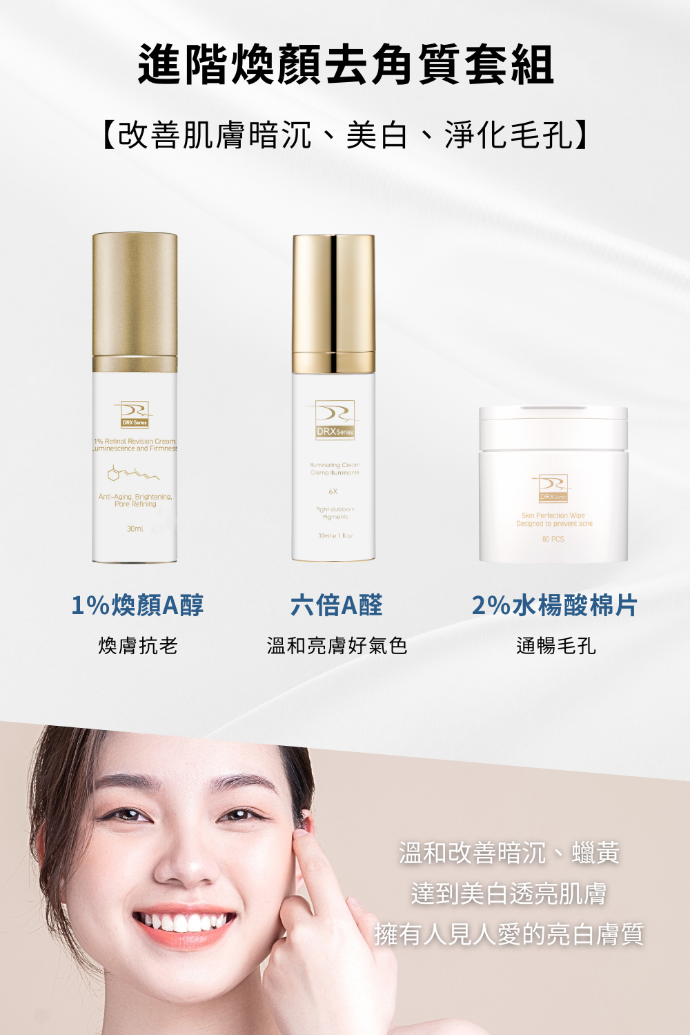 DRX達特仕的進階煥膚系列-進階煥顏去角質套組，一起啟動肌膚煥膚計畫，不論是控油去角質、深層清潔，還是美白煥膚，進階煥顏去角質套組一次滿足您對肌膚的所有需求。