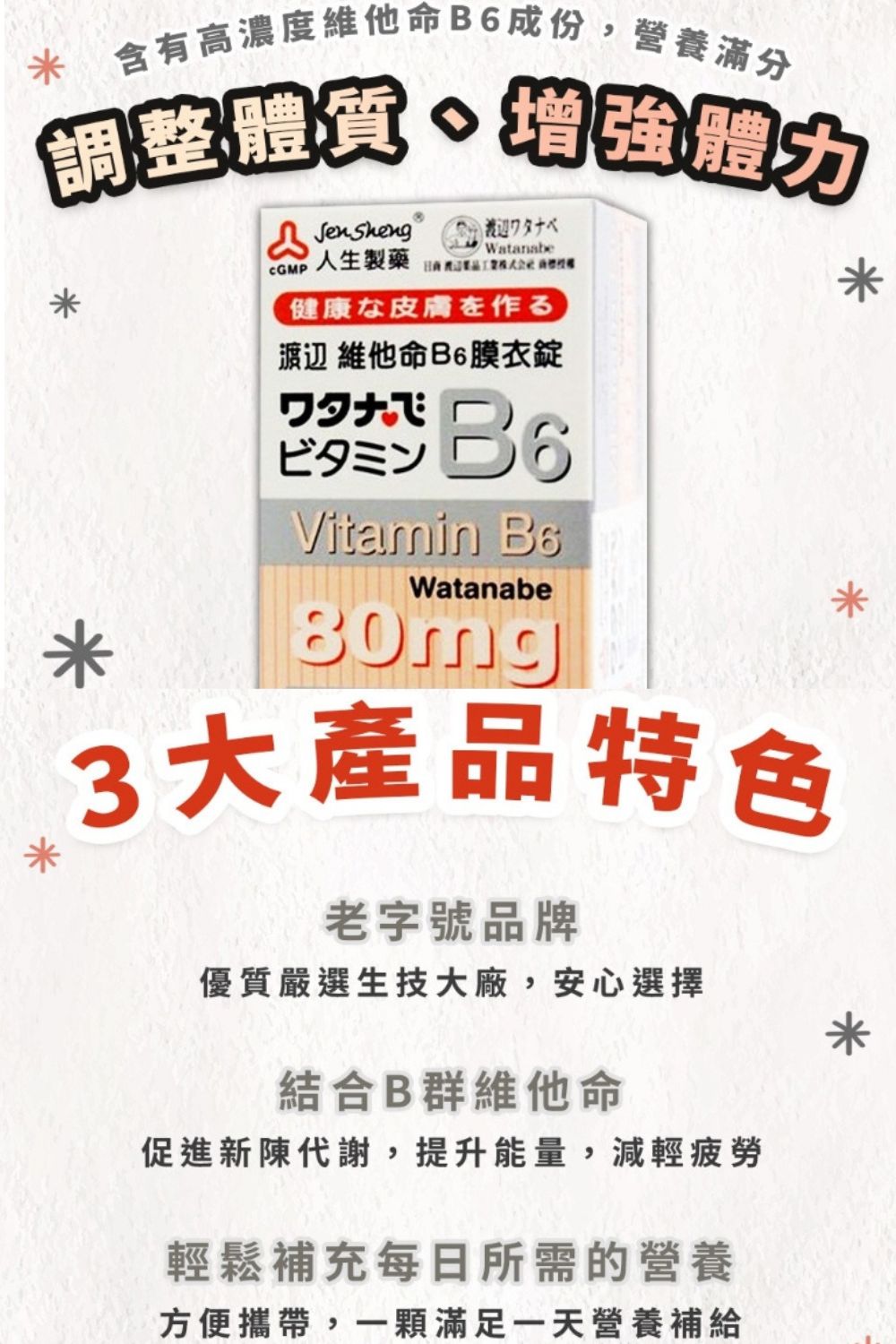 DRX達特仕的營養保健食品-渡邊 維他命B6膜衣錠 80MG