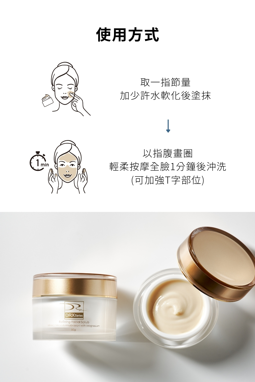 DRX達特仕的肌膚毛孔保養品系列-DRX 鎂C超能磨砂膏，磨砂膏蘊含超級氧化鎂微粒，溫和代謝老廢角質，內含特殊封存抗老經典維生素A衍生物、雙重維生素C與維生素E至磨砂膏，加乘亮白效果，讓肌膚更細緻平滑並且緊緻毛孔！