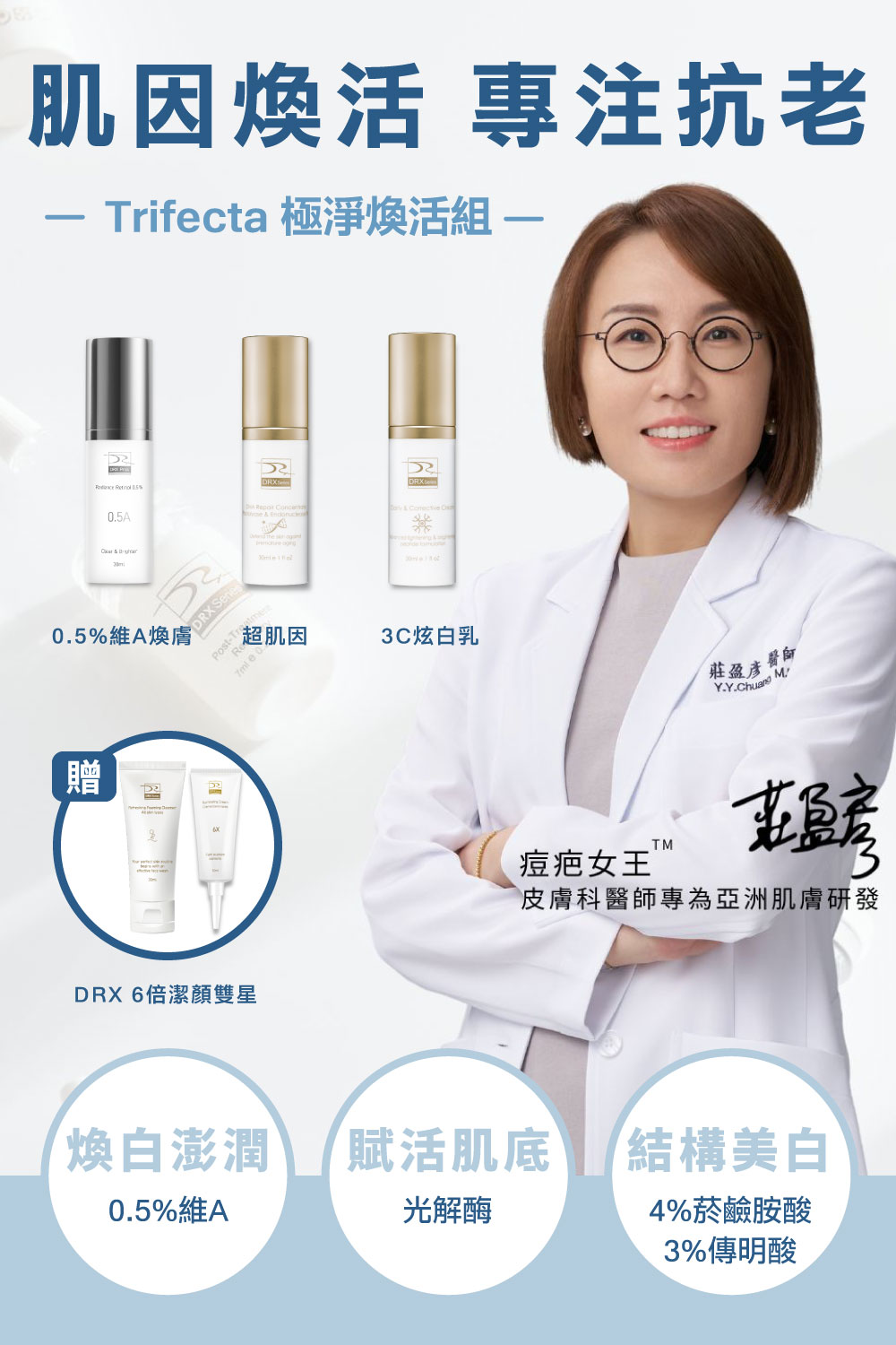 DRX達特仕的莊醫師嚴選活動專區系列-Trifecta 極淨煥活組，專為目標養膚或煥膚抗老打造首席 Trifecta 3冠協作保養！