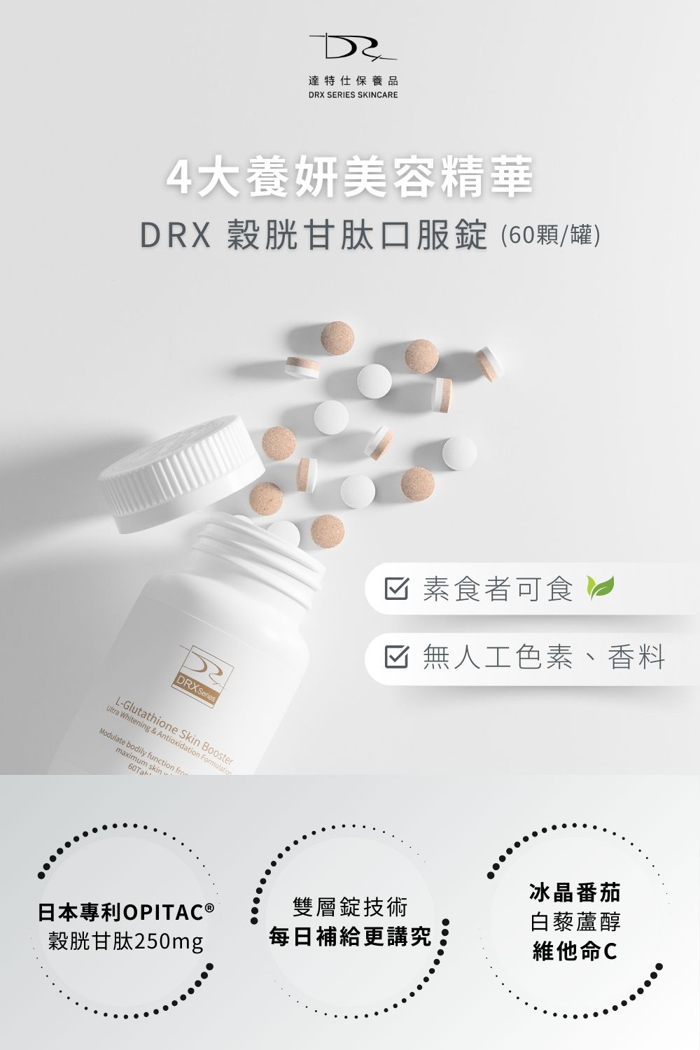 雙C+鋅雙層錠 肌膚每日不斷新陳代謝，維生素C可促進膠原蛋白的形成，助於傷口的癒合及維持細胞排列之緊密性。另添加鋅，可增進肌膚健康，有助於維持生長發育與生殖機能。雙層錠劑型，延長營養，随時隨地維持肌膚健康。一天兩錠確保全天候逐漸釋放營養。  穀胱甘肽口服錠 每天2顆，4大維持肌膚健康精華，提供身體日常所需營養、青春美麗。成分不含動物性來源，不添加人工色素，素食者也能食用。 日本專利OPITAC®穀胱甘肽 市面上少數足量穀胱甘肽250毫克 特別添加知名哈佛大學醫學院遺傳學教授大衛·辛克萊每日補充營養成分 ─ 白藜蘆醇 含有冰晶番茄及維他命 C 特殊雙層錠技術。