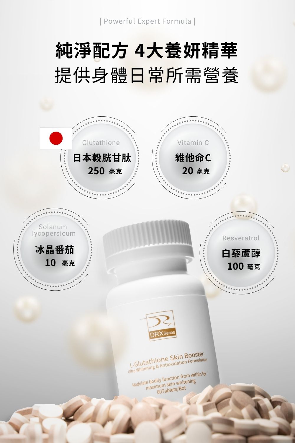 雙C+鋅雙層錠 肌膚每日不斷新陳代謝，維生素C可促進膠原蛋白的形成，助於傷口的癒合及維持細胞排列之緊密性。另添加鋅，可增進肌膚健康，有助於維持生長發育與生殖機能。雙層錠劑型，延長營養，随時隨地維持肌膚健康。一天兩錠確保全天候逐漸釋放營養。  穀胱甘肽口服錠 每天2顆，4大維持肌膚健康精華，提供身體日常所需營養、青春美麗。成分不含動物性來源，不添加人工色素，素食者也能食用。 日本專利OPITAC®穀胱甘肽 市面上少數足量穀胱甘肽250毫克 特別添加知名哈佛大學醫學院遺傳學教授大衛·辛克萊每日補充營養成分 ─ 白藜蘆醇 含有冰晶番茄及維他命 C 特殊雙層錠技術。