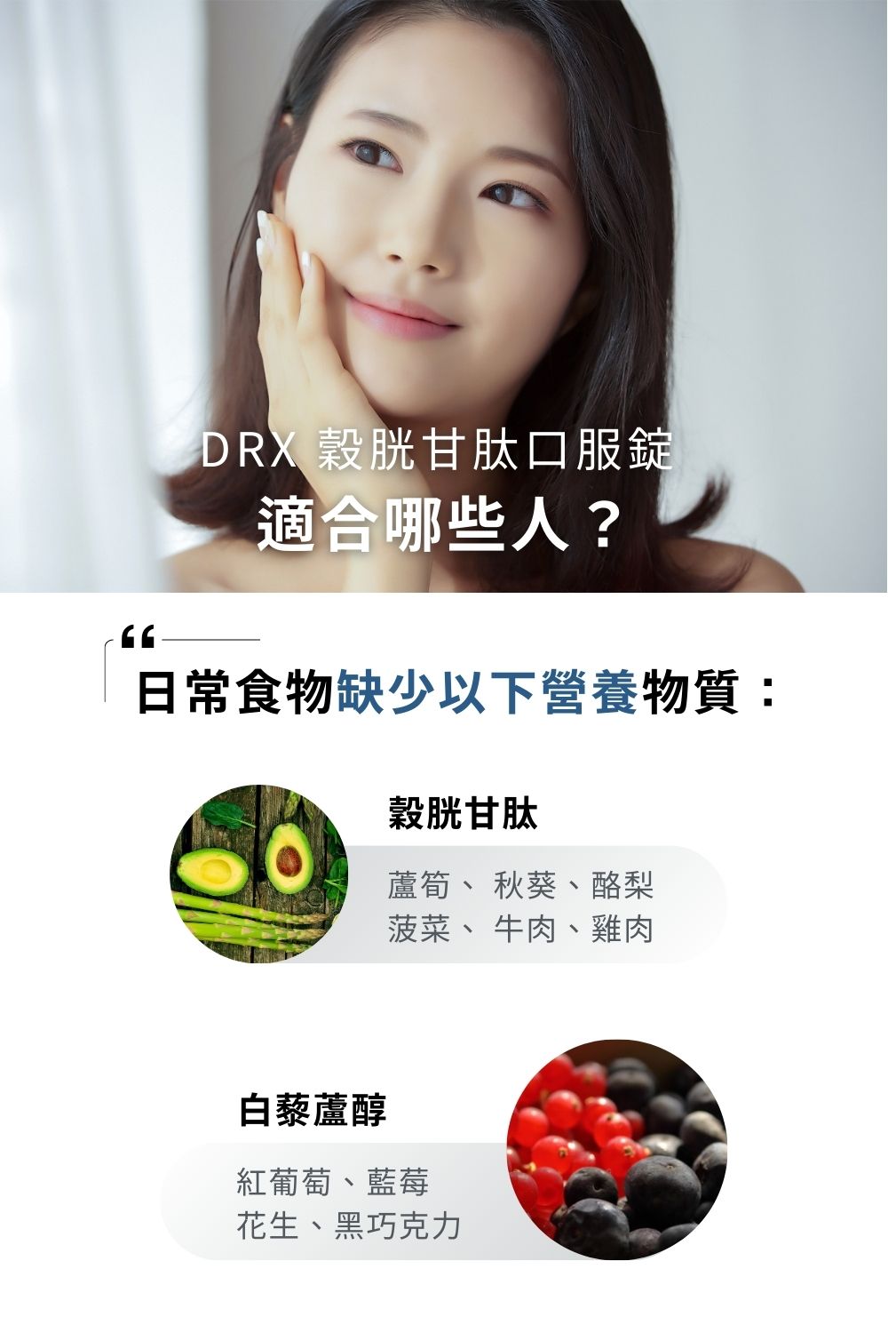 雙C+鋅雙層錠 肌膚每日不斷新陳代謝，維生素C可促進膠原蛋白的形成，助於傷口的癒合及維持細胞排列之緊密性。另添加鋅，可增進肌膚健康，有助於維持生長發育與生殖機能。雙層錠劑型，延長營養，随時隨地維持肌膚健康。一天兩錠確保全天候逐漸釋放營養。  穀胱甘肽口服錠 每天2顆，4大維持肌膚健康精華，提供身體日常所需營養、青春美麗。成分不含動物性來源，不添加人工色素，素食者也能食用。 日本專利OPITAC®穀胱甘肽 市面上少數足量穀胱甘肽250毫克 特別添加知名哈佛大學醫學院遺傳學教授大衛·辛克萊每日補充營養成分 ─ 白藜蘆醇 含有冰晶番茄及維他命 C 特殊雙層錠技術。