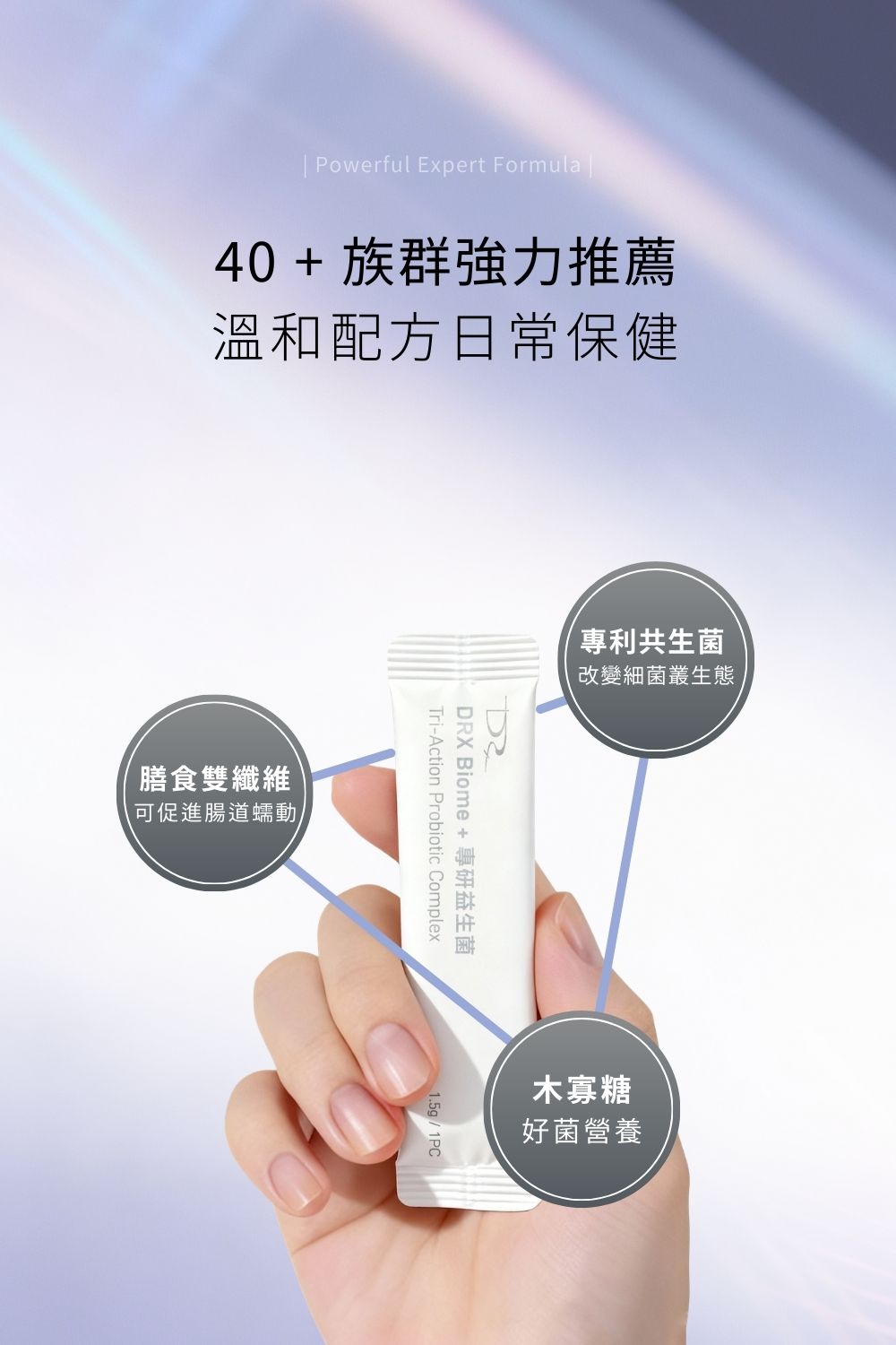 雙C+鋅雙層錠 肌膚每日不斷新陳代謝，維生素C可促進膠原蛋白的形成，助於傷口的癒合及維持細胞排列之緊密性。另添加鋅，可增進肌膚健康，有助於維持生長發育與生殖機能。雙層錠劑型，延長營養，随時隨地維持肌膚健康。一天兩錠確保全天候逐漸釋放營養。  Biome+ 專研益生菌 專利共生益菌 + 木寡糖 + 雙纖維 = 暢淨金三角配方 ，專利GMNL-277乾酪乳桿菌 ，調整體質 • 嚴選ABC共生菌 ，互利共生加乘。選用日本Fibersol-2，專利的日本頂級名牌膳食纖維，含有玉米可溶性纖維，並加入燕麥纖維。雙纖維添加提升排便順暢、增加飽足感。